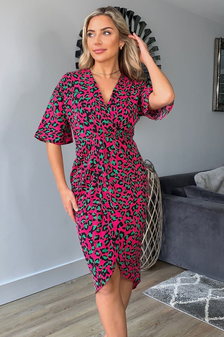 Jacqui Pink Leopard Wrap Detailed Midi Dress